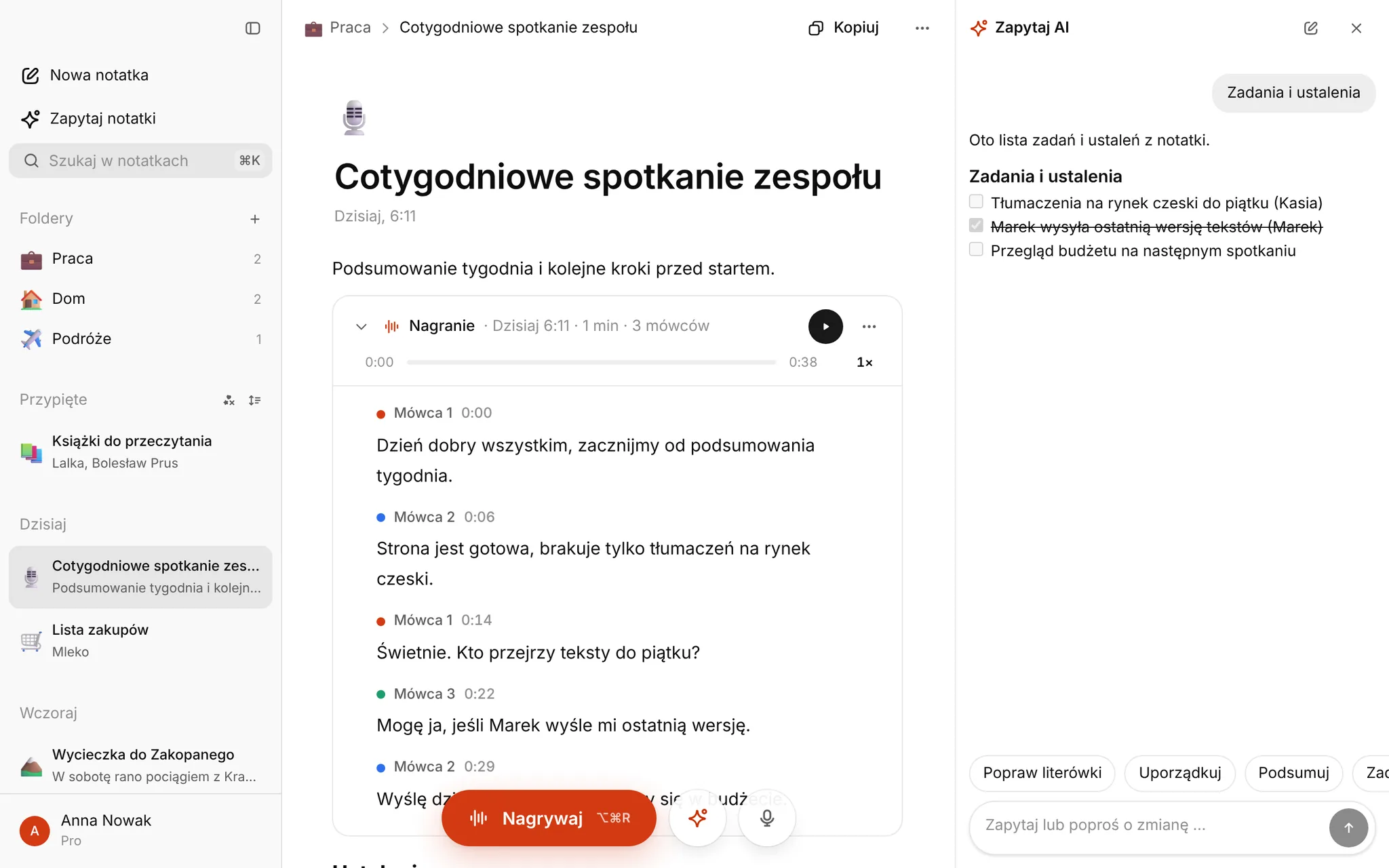 Protokół ze spotkania z nagrania, z gotowym wzorem